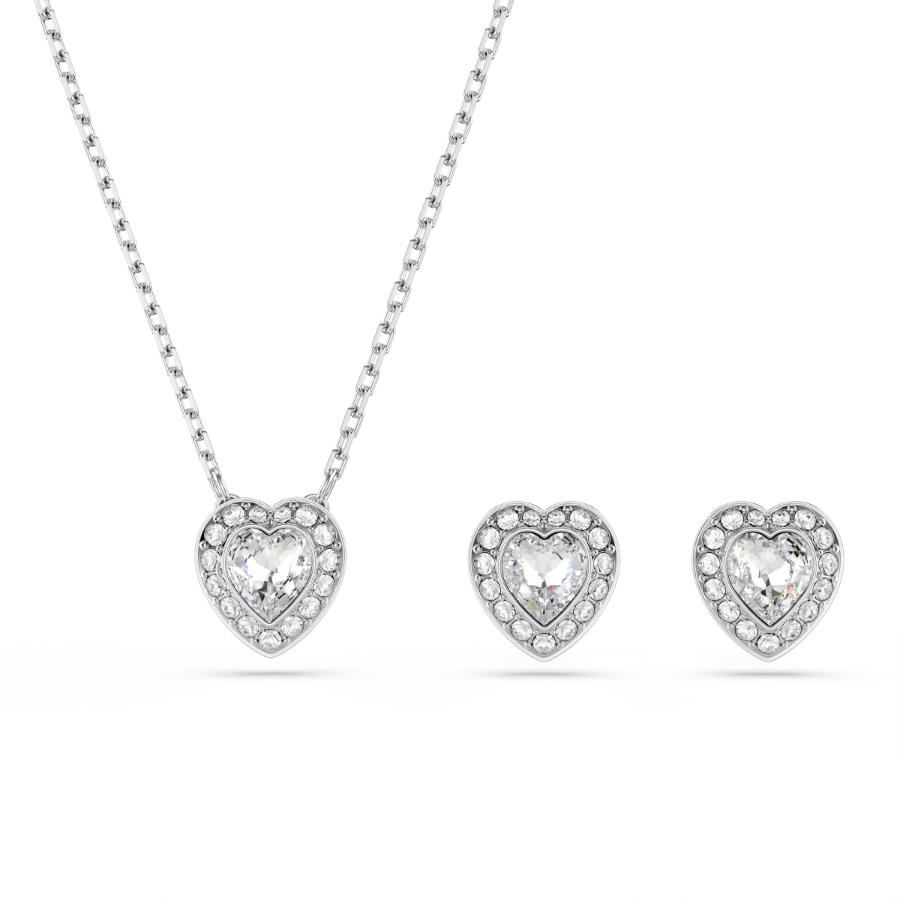 Swarovski Ariana Grande x Swarovski jewelry set with mixed cut heart-shaped white crystals, rhodium plated, elegant and sparkling.