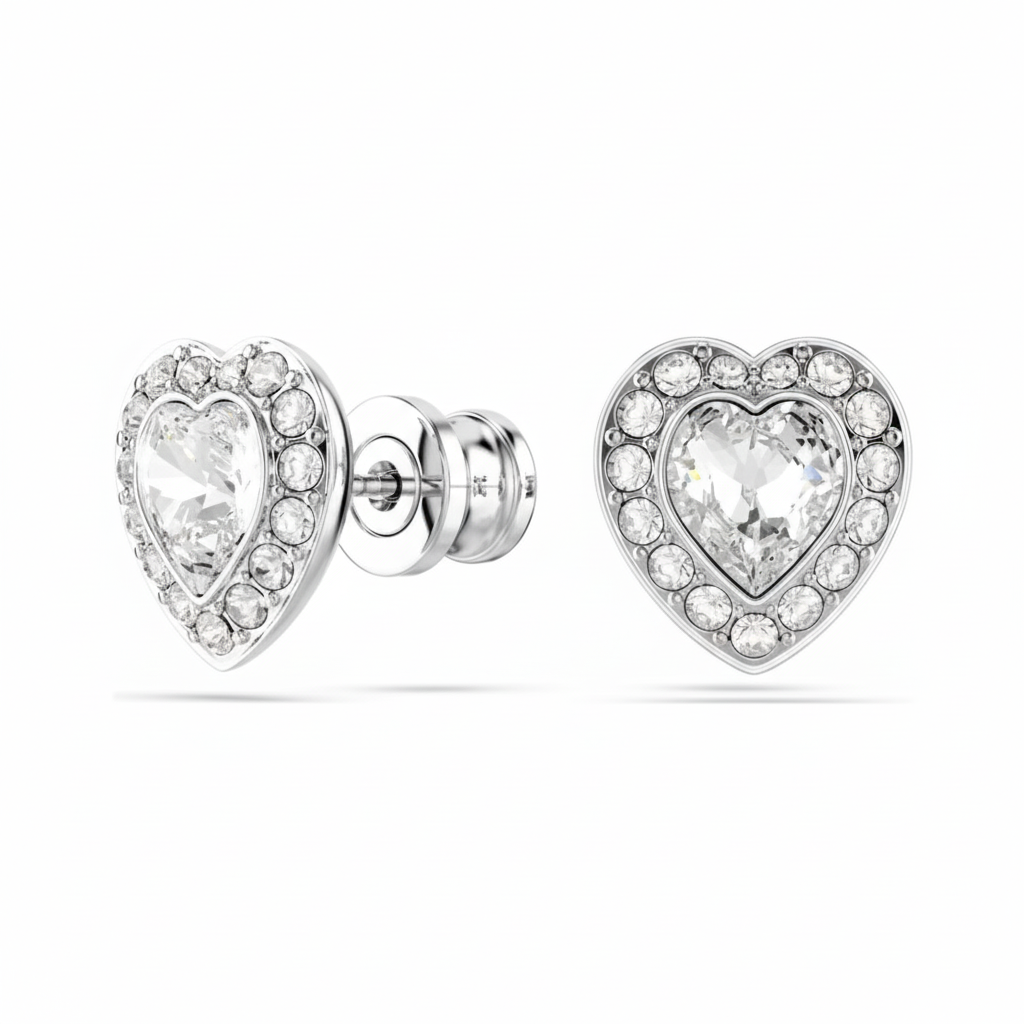 Swarovski Ariana Grande x jewelry set with heart-shaped white crystals, mixed cuts, rhodium-plated finish, elegant and sparkling.