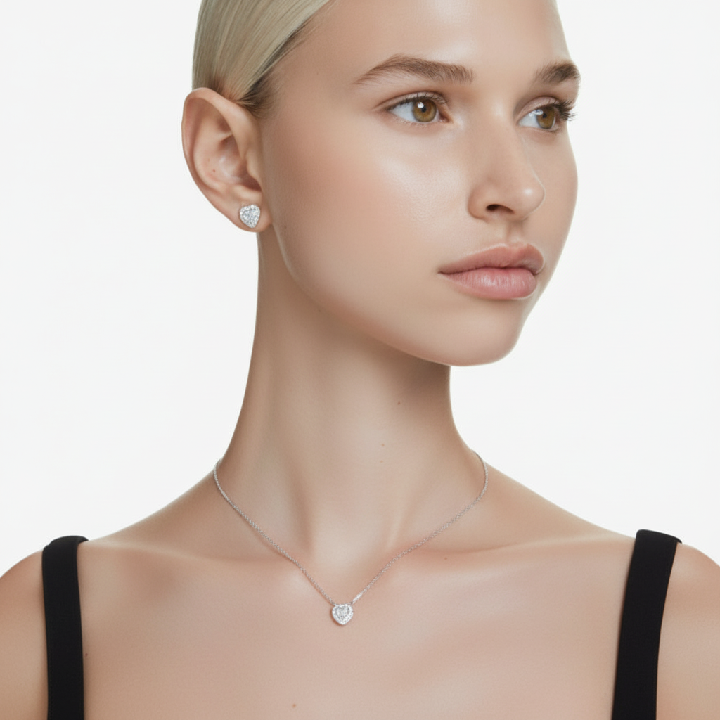 Swarovski Ariana Grande x jewelry set with white heart-shaped crystals and mixed cuts, rhodium-plated for a shiny finish.