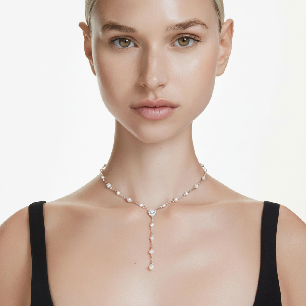 Swarovski Ariana Grande x Y necklace with mixed-cut heart-shaped white crystals, rhodium-plated chain and pendant.