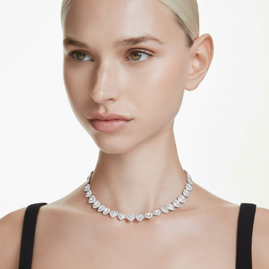 Swarovski Ariana Grande tennis necklace with white heart-shaped crystals, mixed cuts, rhodium plated, elegant jewelry piece