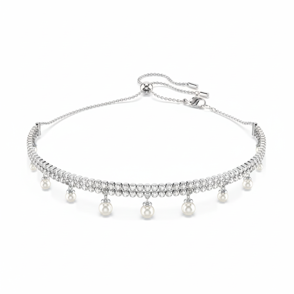 Swarovski Ariana Grande crystal pearl choker in white with rhodium plating, featuring sparkling crystals and elegant design.