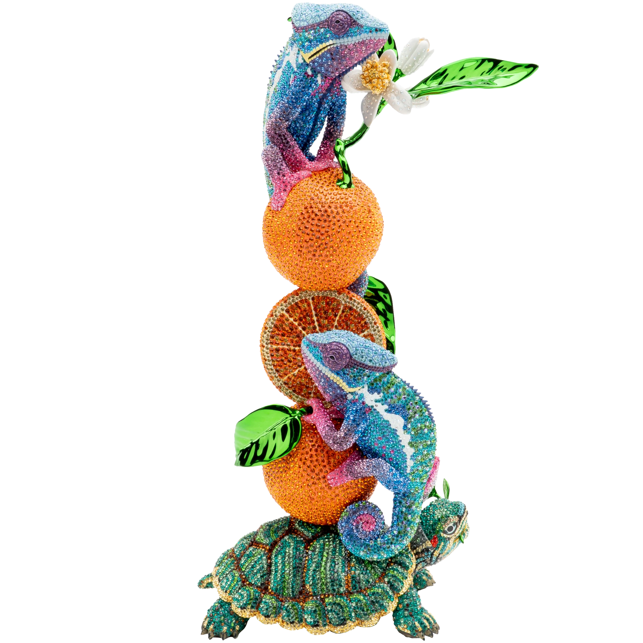 Swarovski Limited Edition Crystal Myriad Chameleons, detailed glass figurines with shimmering crystal accents, displayed on a neutral background.