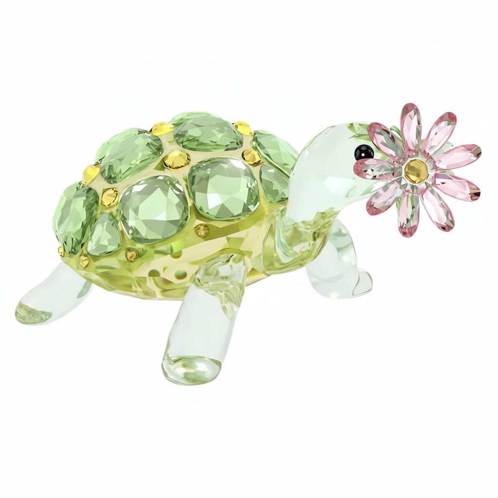 Swarovski Idyllia tortoise and daisy figurine with clear crystal accents on a white background