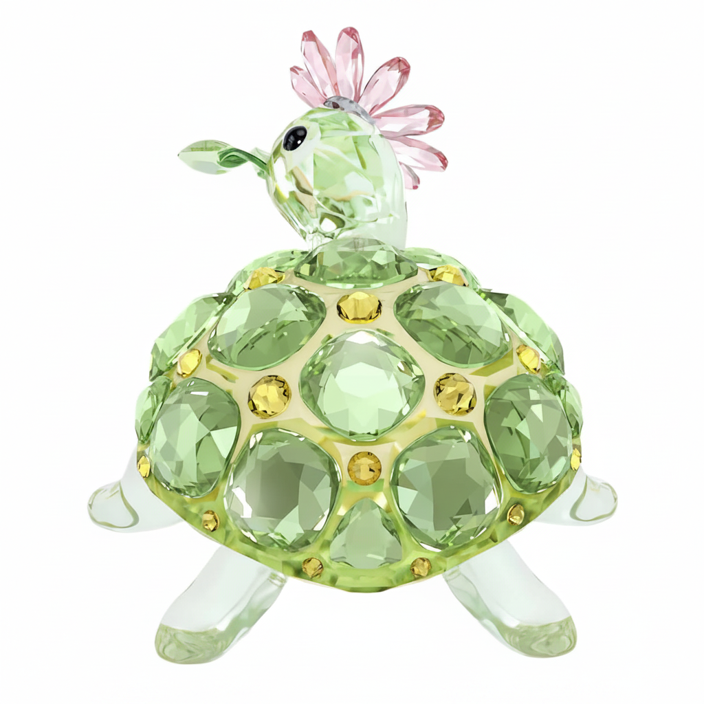 Swarovski Idyllia tortoise and daisy figurine featuring a detailed tortoise with daisy accents and sparkling crystal details.