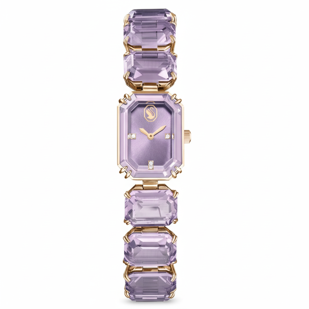 Swarovski purple octagon cut bracelet watch with champagne gold-tone finish and elegant design.