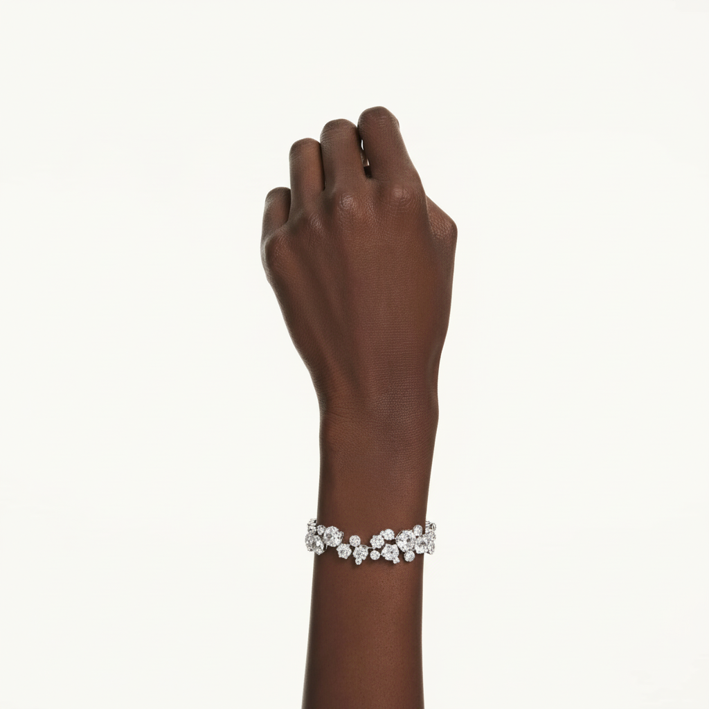 Swarovski Constella bracelet with mixed-cut white crystals and rhodium plating, showcasing a sparkling jewelry design.