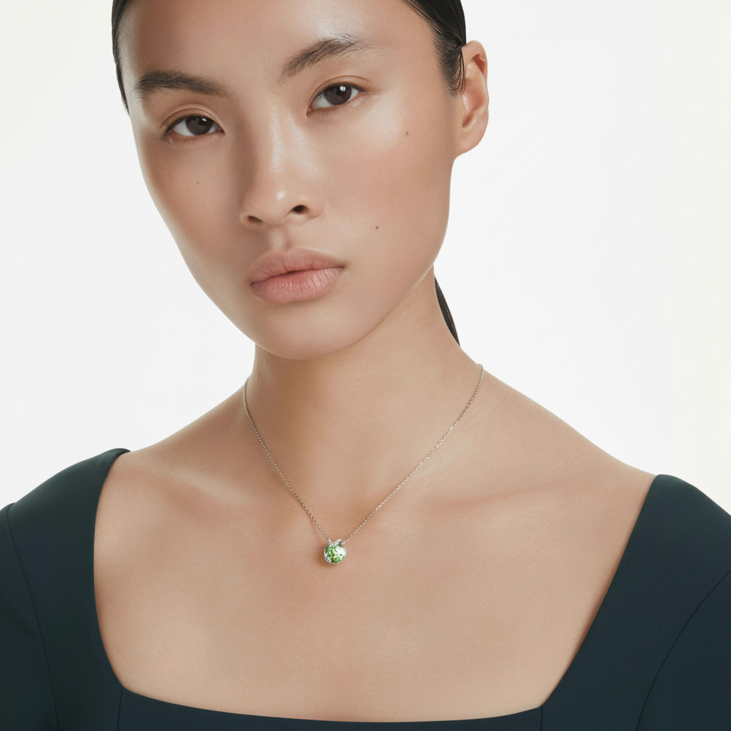 Swarovski Bella V pendant with round green crystal, rhodium-plated chain, elegant jewelry accessory.