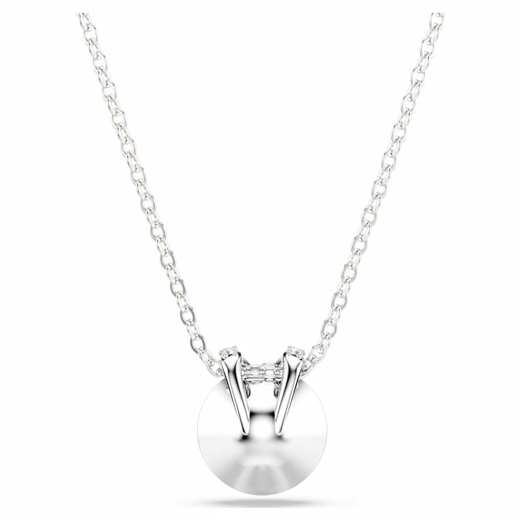 Swarovski Bella V Pendant with round green crystal, rhodium-plated silver chain, elegant jewelry accessory.