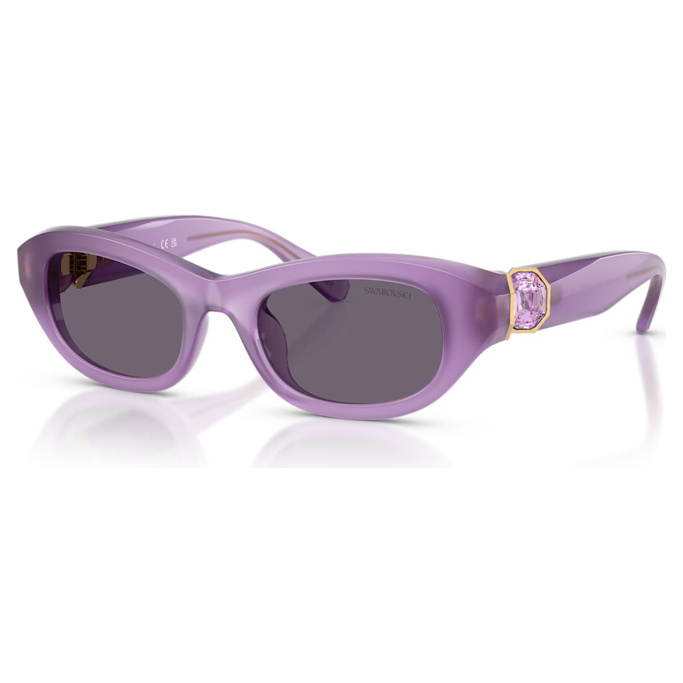Swarovski purple pillow-shaped sunglasses with rounded frames and gradient lenses for stylish sun protection.