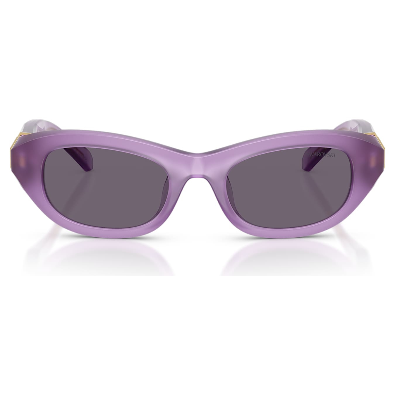 Swarovski purple pillow-shaped sunglasses with sleek design and tinted lenses, stylish eyewear accessory.
