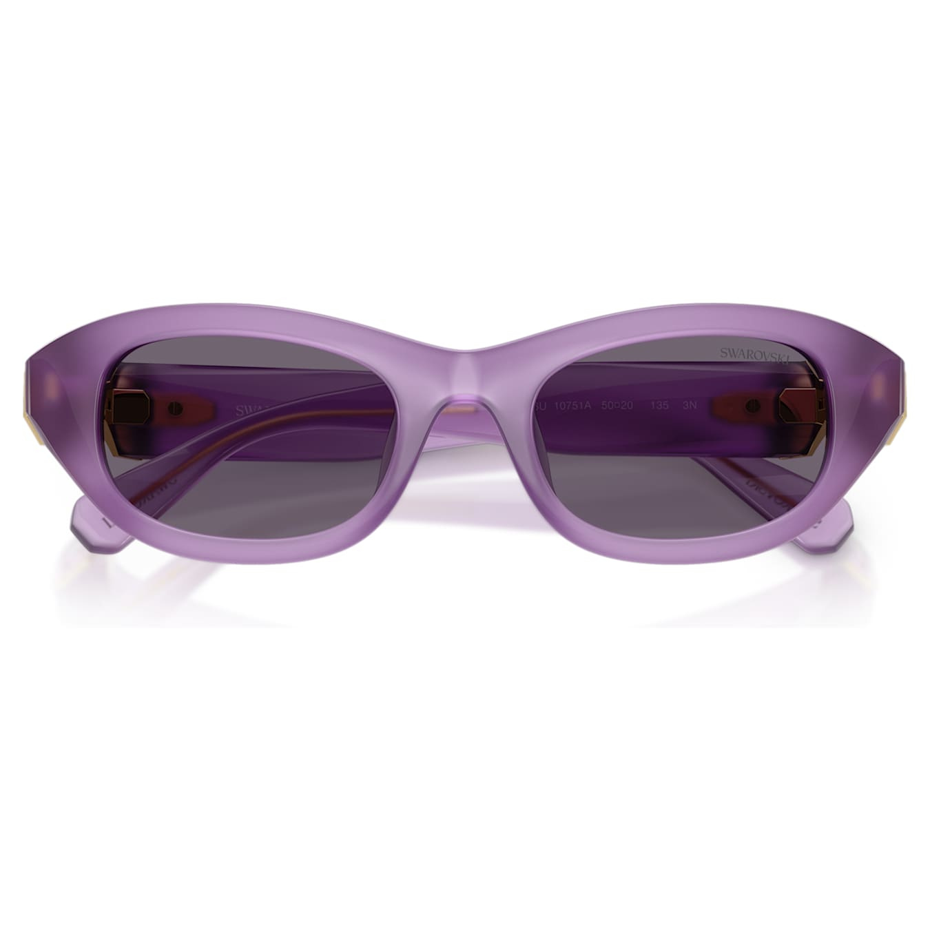 Swarovski pillow-shaped purple sunglasses with stylish frame and tinted lenses, designed for fashion and sun protection.