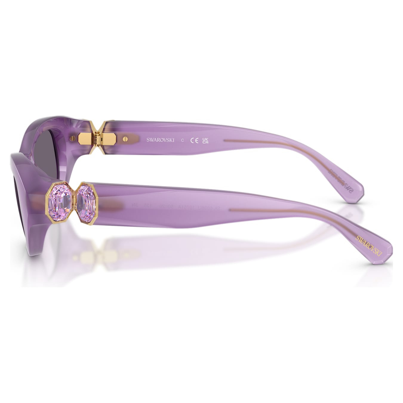 Swarovski pillow-shaped purple sunglasses with stylish frame and tinted lenses, designed for a fashionable and trendy look.
