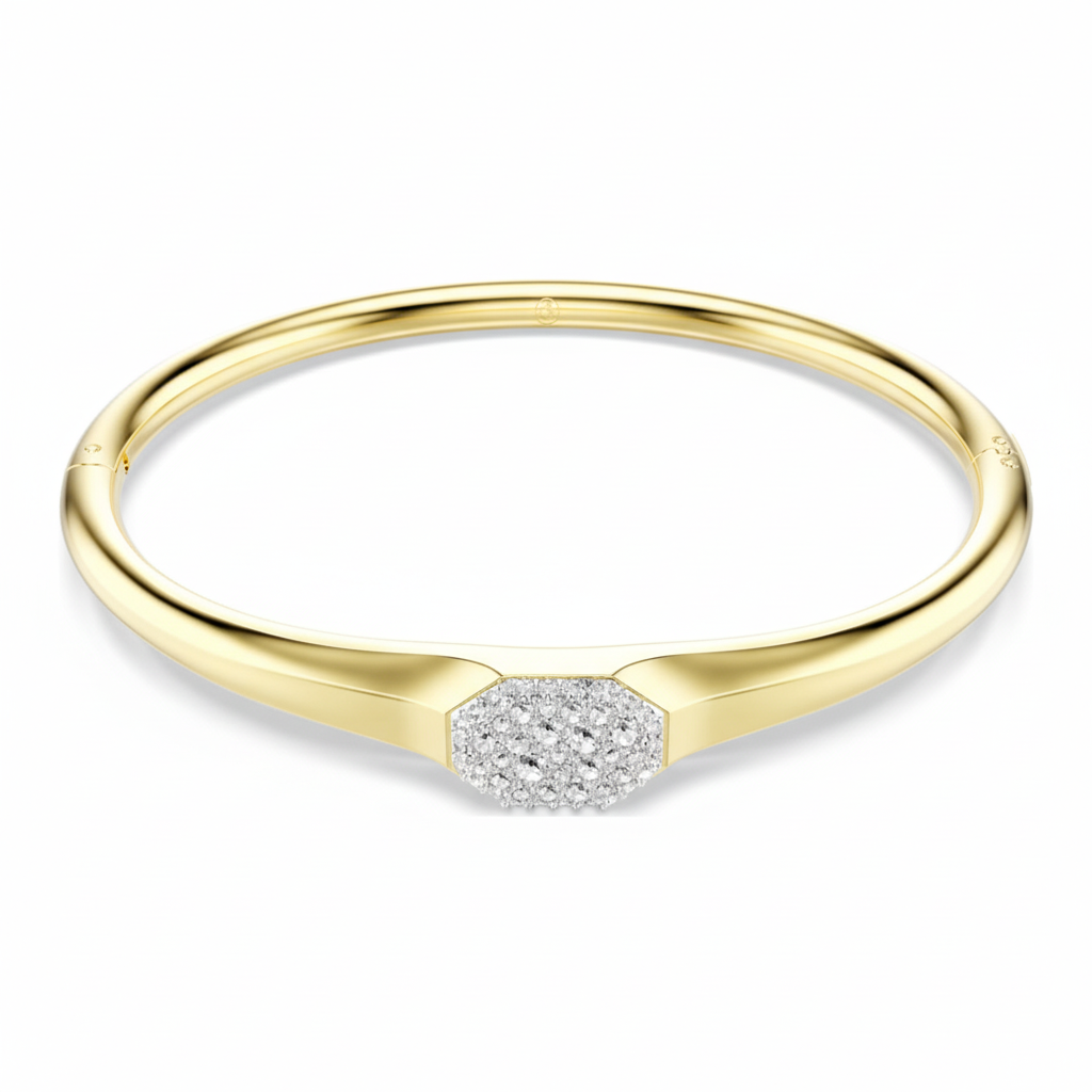 Swarovski Dextera bangle with round white crystals and gold-tone plating, sleek and elegant jewelry accessory.