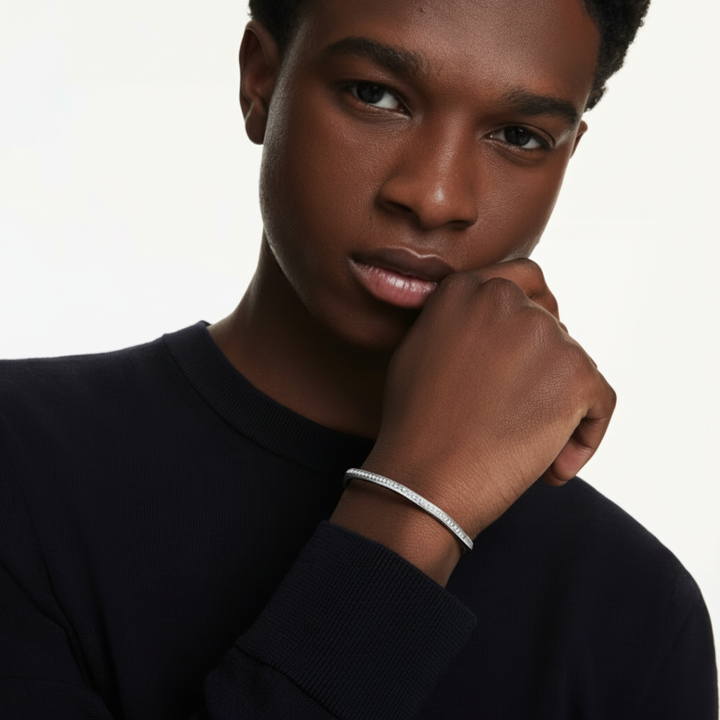 Swarovski Dextera bangle with octagon shape, round cut white stones, rhodium plated, elegant jewelry accessory