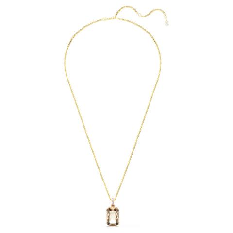Swarovski Millenia pendant with octagon-cut caramel crystal, gold-tone plated jewelry piece on a white background.