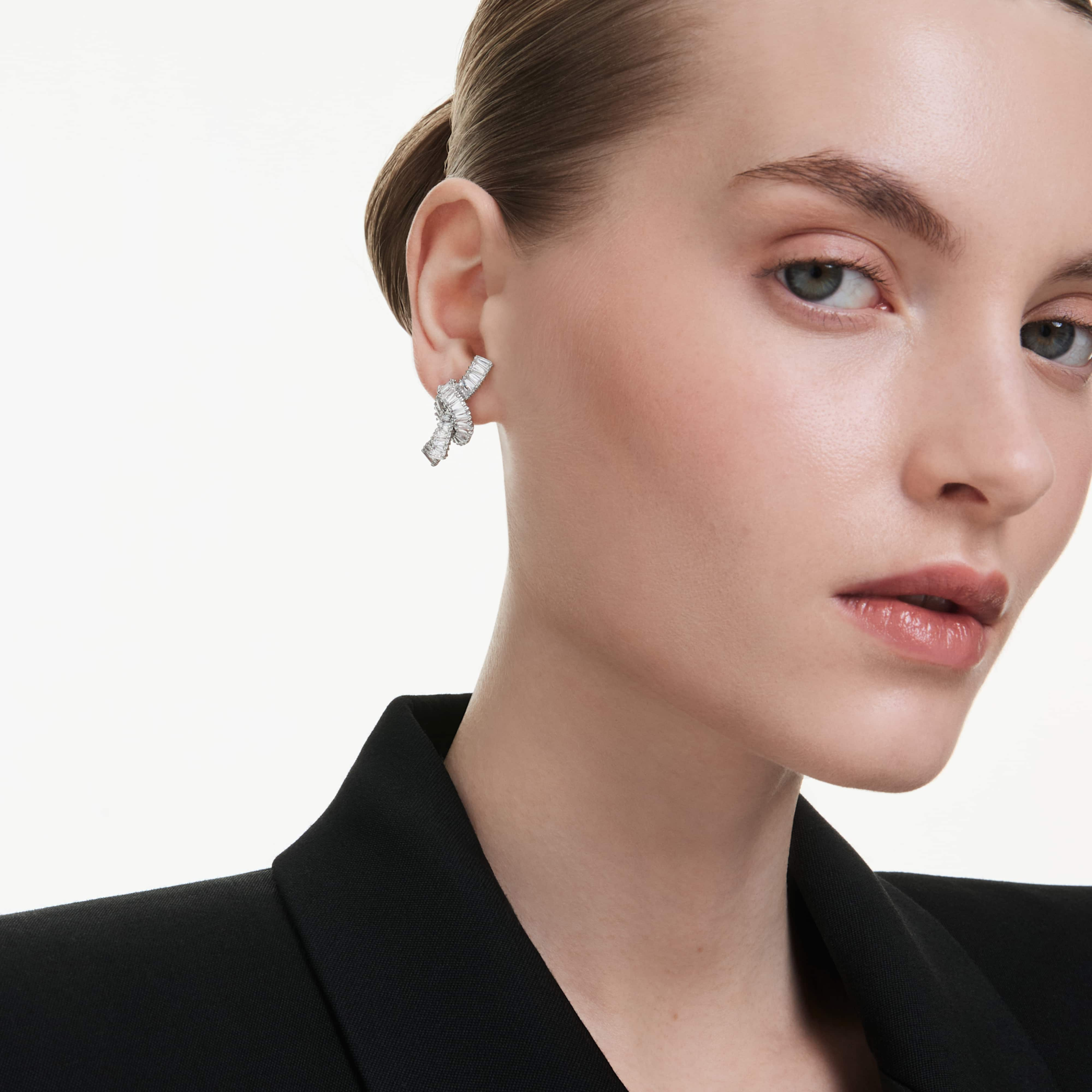Swarovski Matrix earrings with baguette cut white crystals, knot design, rhodium-plated jewelry for elegant style