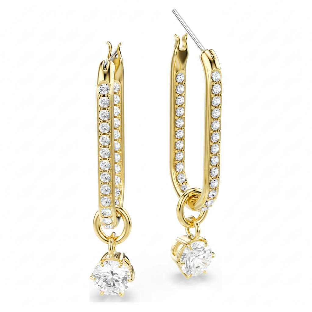 Swarovski Constella drop earrings with round cut white crystals and gold-tone plated setting, elegant jewelry for special occasions.