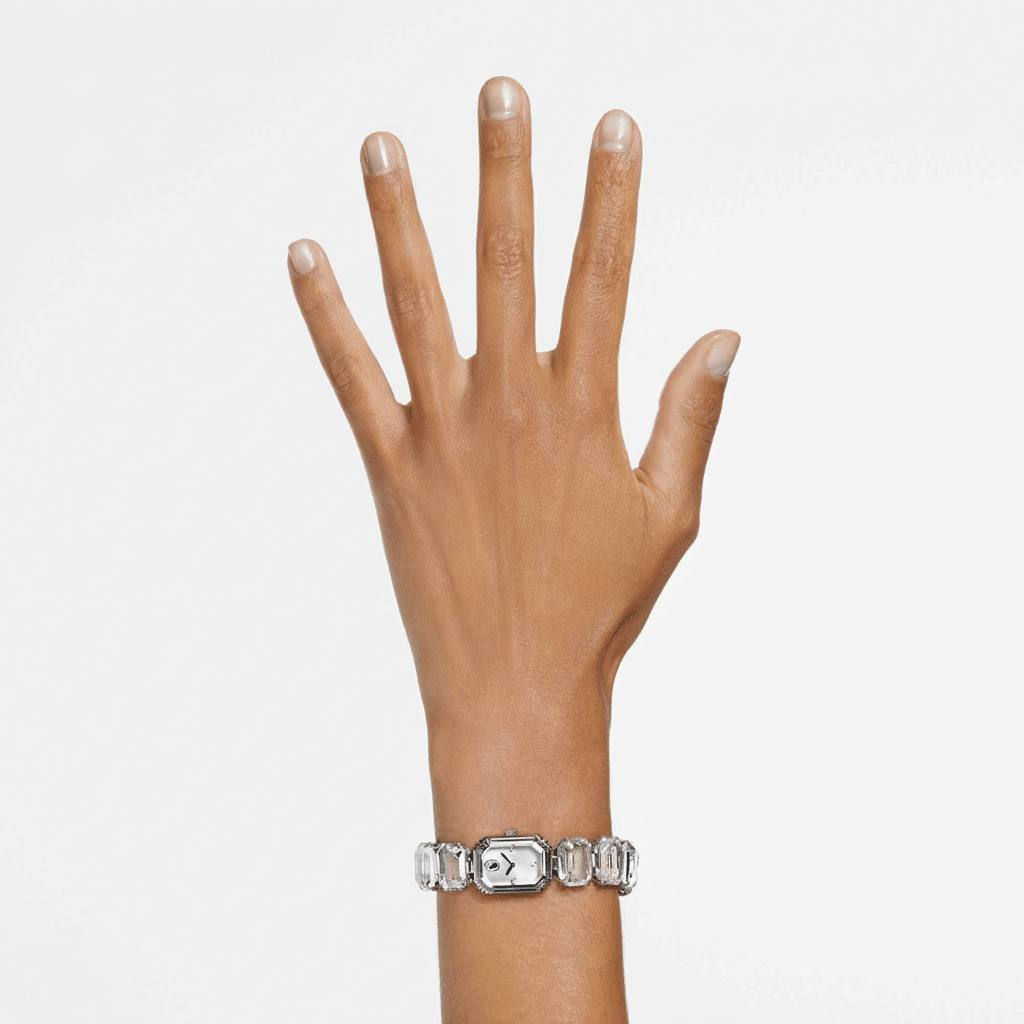 Swarovski white octagon cut bracelet watch with stainless steel band and elegant design.