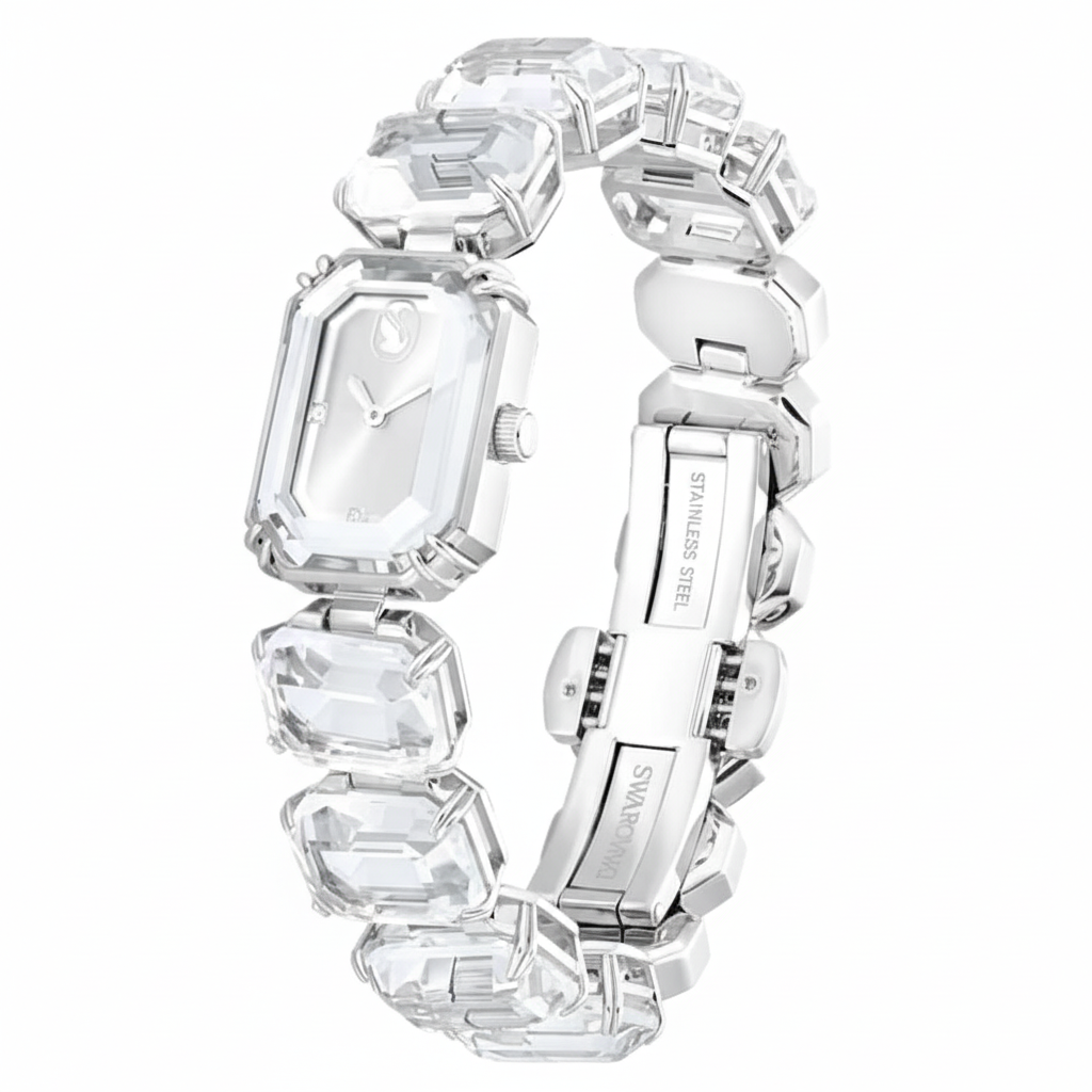 Swarovski white stainless steel watch with octagon cut bracelet and elegant design, showcasing a luxurious and stylish accessory.