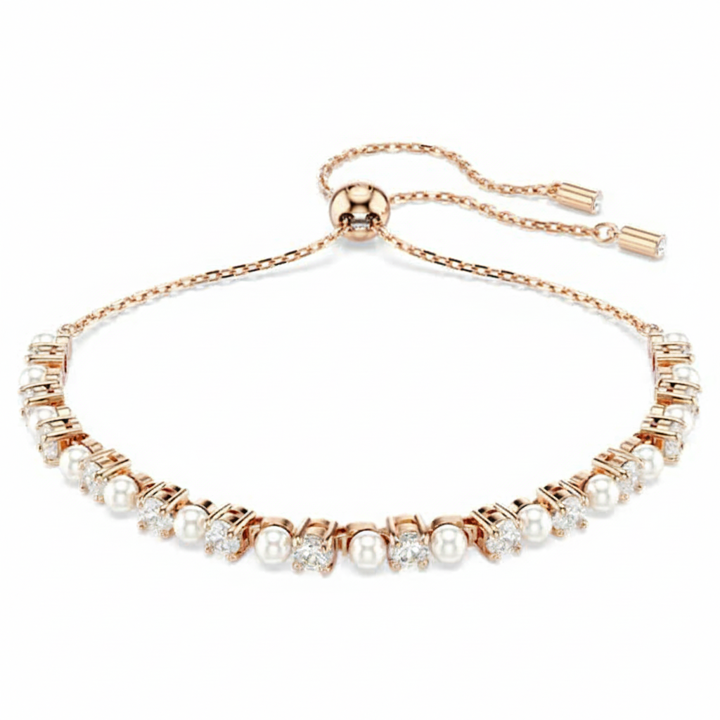 Swarovski Matrix Tennis bracelet with white crystal pearls, round cuts, rose gold-tone plating, elegant jewelry design