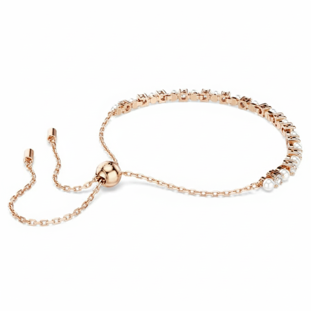 Swarovski Matrix Tennis bracelet with crystal pearls, round cut white stones, rose gold-tone plating, elegant jewelry accessory