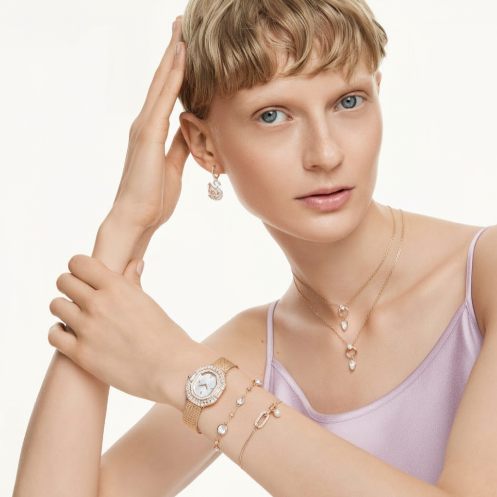 Swarovski Constella bracelet featuring sparkling crystal beads and silver-tone accents, showcasing elegant jewelry design.