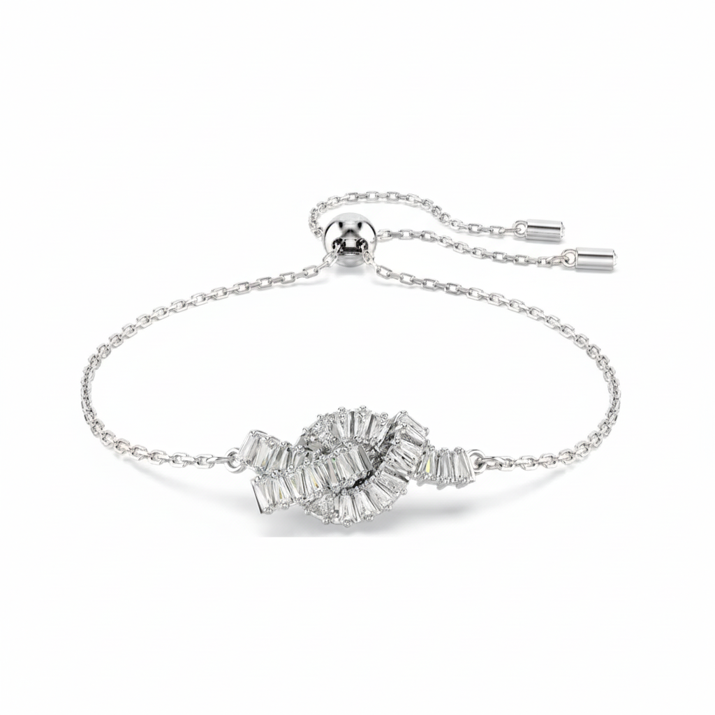 Swarovski Matrix bracelet with baguette cut stones, knot detail, white color, rhodium plated, elegant jewelry accessory