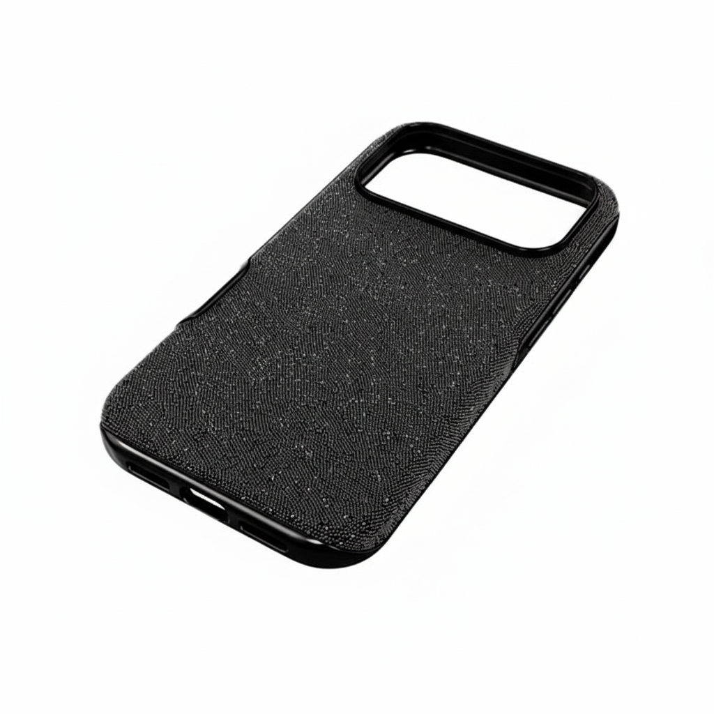 Swarovski high-end black smartphone case for iPhone 17 Pro with crystal embellishments and sleek protective design.