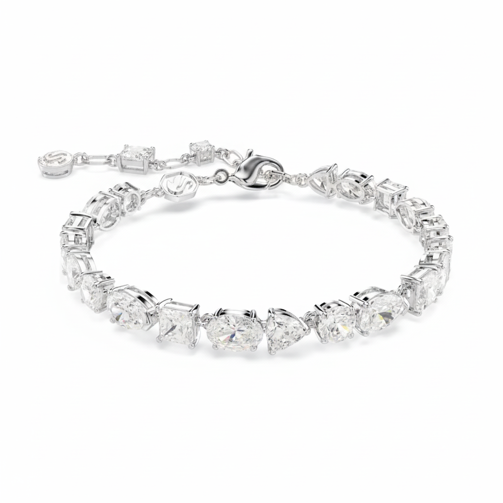 Swarovski Mesmera bracelet with mixed cut white crystals and rhodium plating, elegant jewelry accessory.