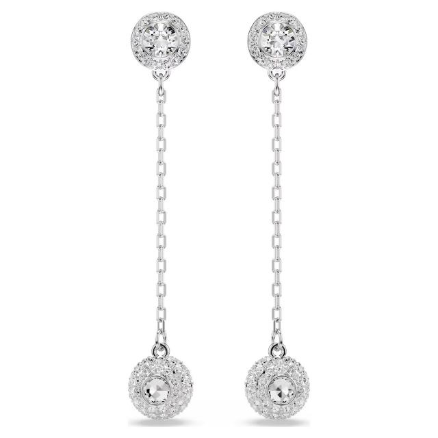 Swarovski Una Angelic Drop Earrings with round cut white crystals and rhodium-plated setting, elegant jewelry for special occasions.