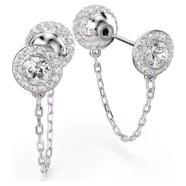 Swarovski Una Angelic Drop Earrings with round white crystals and rhodium plating, elegant jewelry for special occasions.