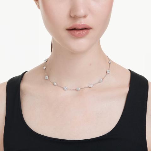 Swarovski Una Angelic Necklace with round cut crystals, double-sided motifs, white finish, rhodium plated jewelry.