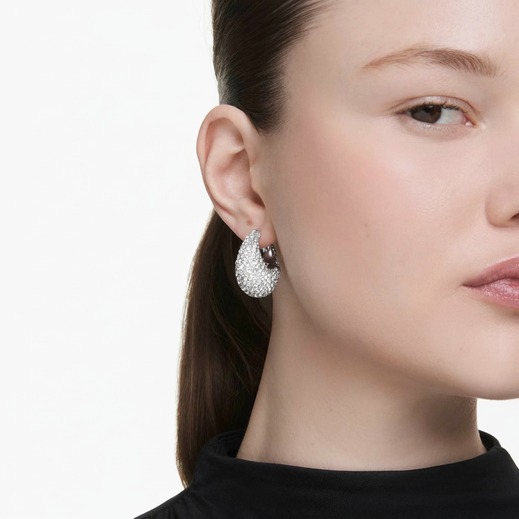 Swarovski Sublima large white earrings with rhodium plating featuring elegant, sparkling crystal designs.