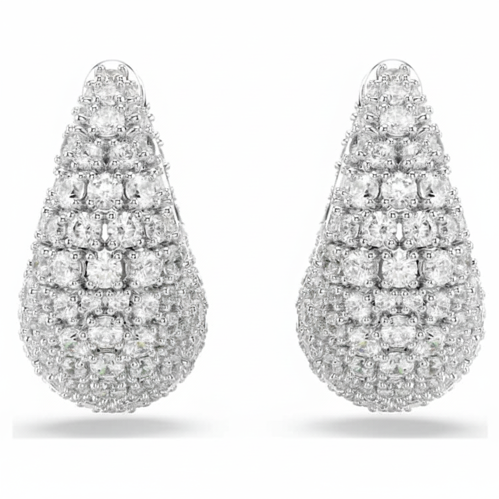 Swarovski Sublima large white earrings with rhodium plating and sparkling crystal accents, elegant jewelry accessory.