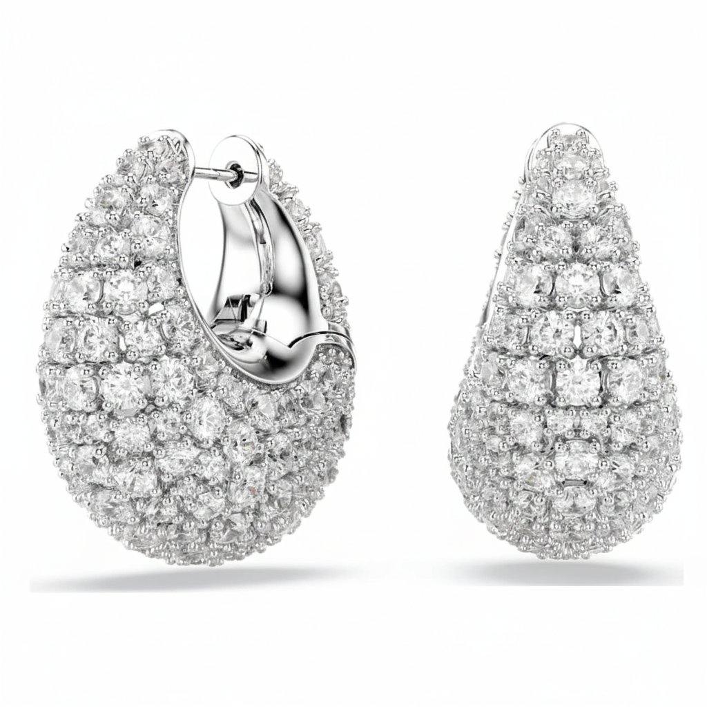 Swarovski Sublima large white earrings with rhodium plating, showcasing elegant gemstone detailing and a sophisticated design.