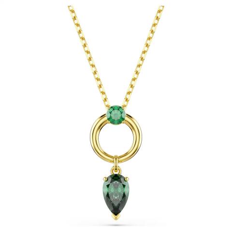 Swarovski Mesmera green pendant with mixed cuts, gold-tone plated jewelry piece showcasing sparkling faceted stones.