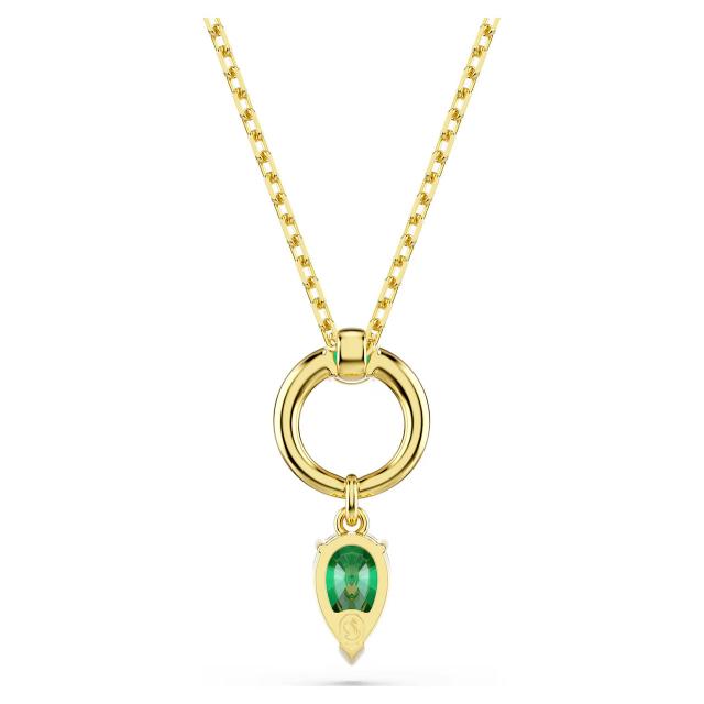 Swarovski Mesmera Pendant with green mixed-cut crystals in gold-tone plated setting, showcasing elegant jewelry design.