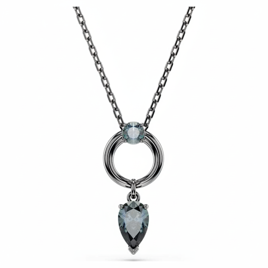 Swarovski Mesmera pendant with mixed gray cuts and ruthenium plating, showcasing intricate faceted crystal design on a delicate chain.