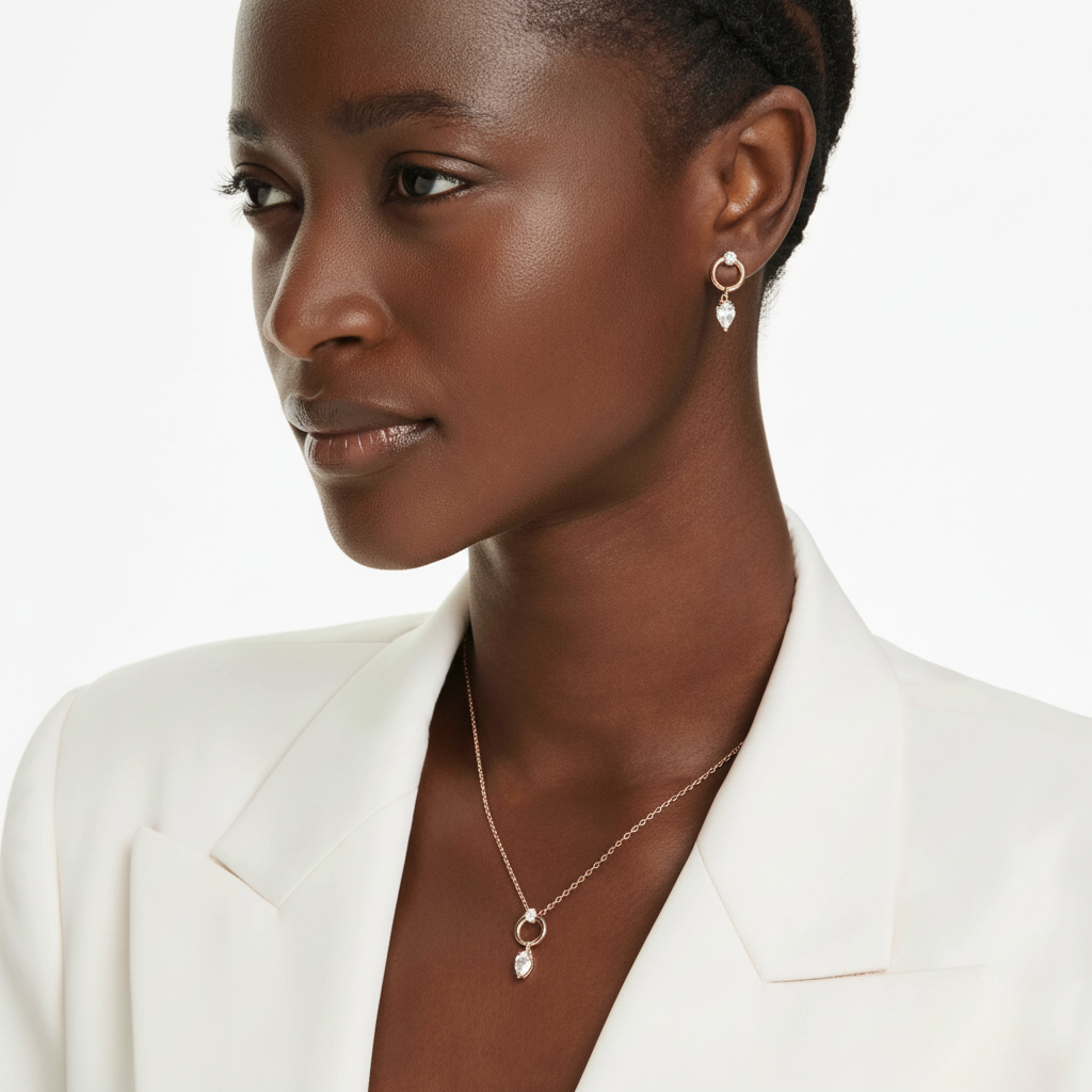 Swarovski Mesmera jewelry set with pear and round cut white crystals in rose gold-tone plating, featuring elegant earrings and necklace.