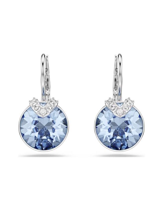 Swarovski Bella V drop earrings with round blue crystals and rhodium plating, elegant jewelry accessory.