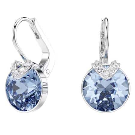 Swarovski Bella V drop earrings with round blue crystals and rhodium plating, elegant jewelry accessory.