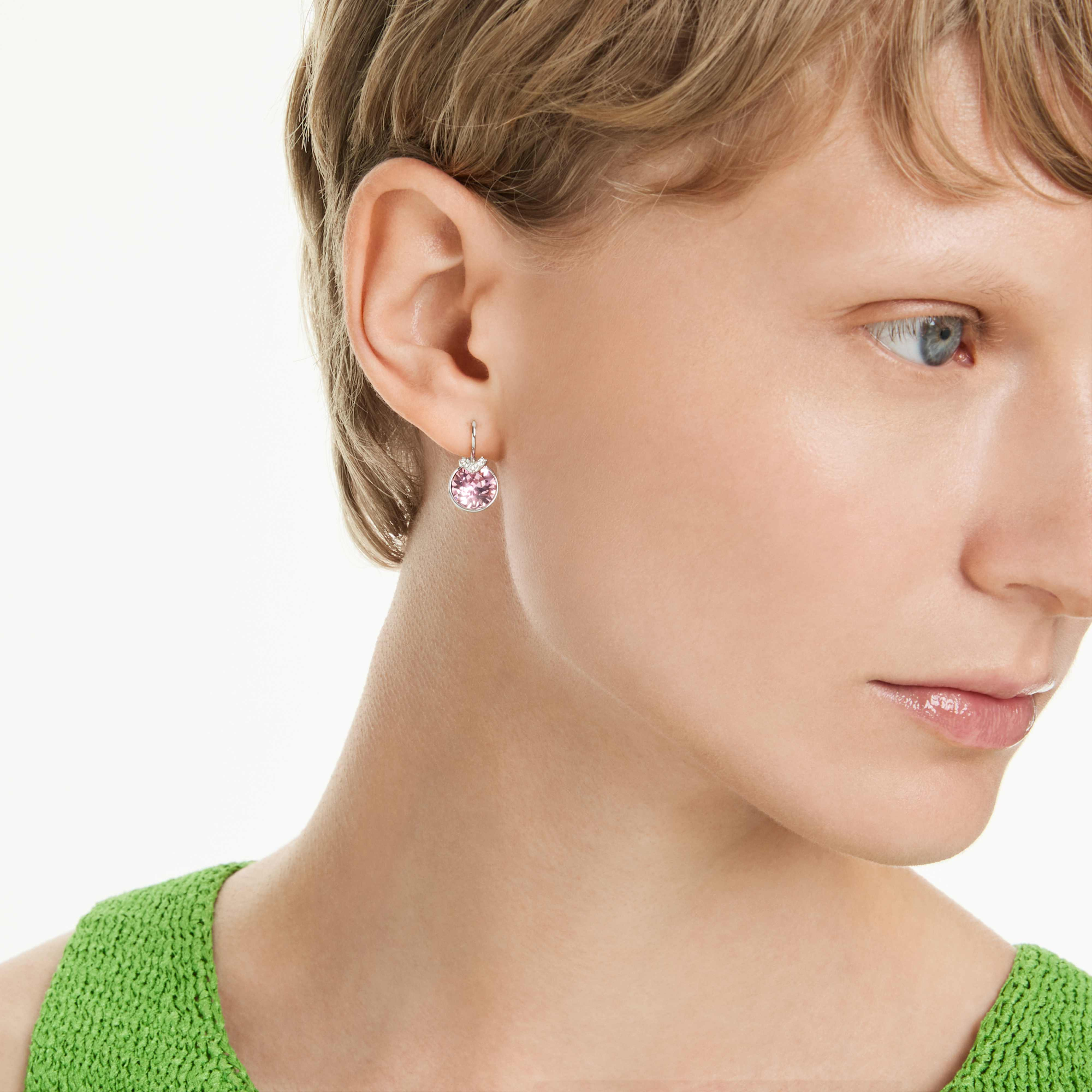 Swarovski Bella V Drop Earrings with round pink crystals and rhodium plating, elegant jewelry for special occasions.