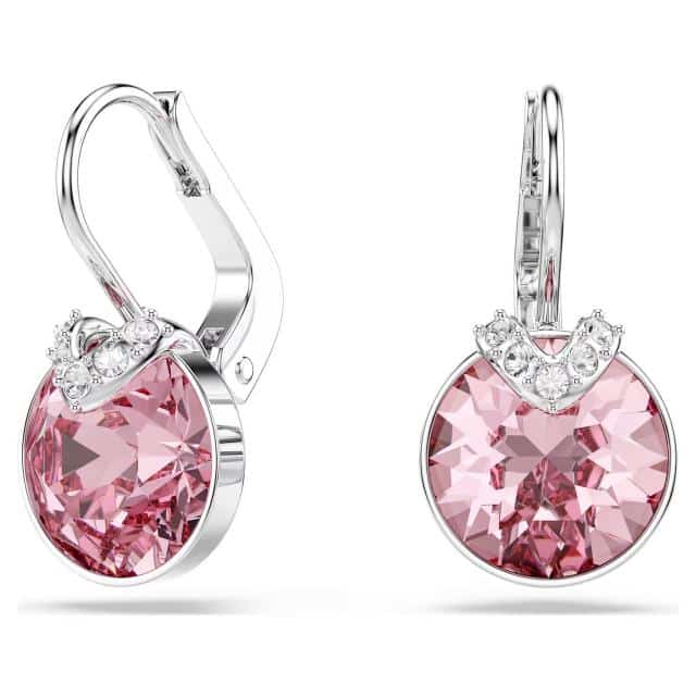 Swarovski Bella V Drop Earrings with pink round-cut crystals and rhodium-plated setting, elegant jewelry accessory.