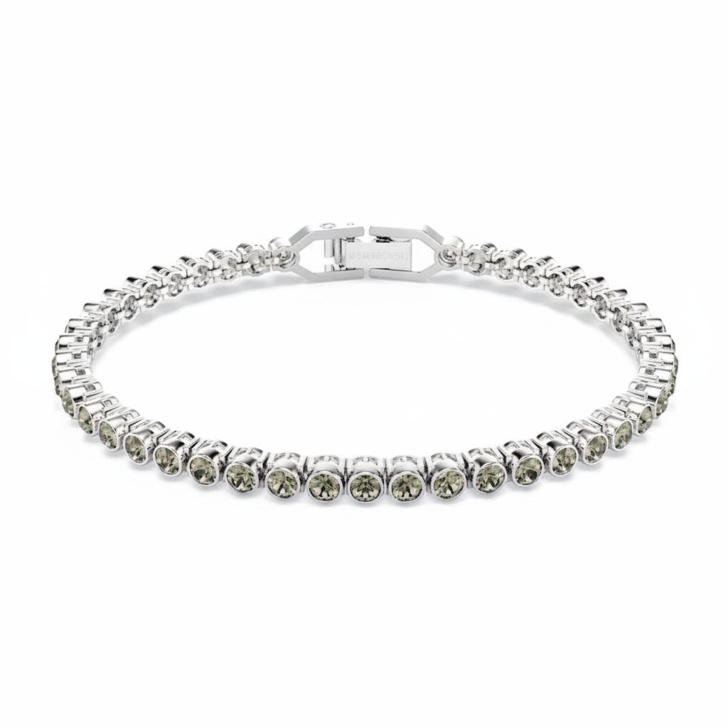 Swarovski Imber Emily Tennis bracelet with round cut crystals and silver-tone metal, elegant jewelry accessory.