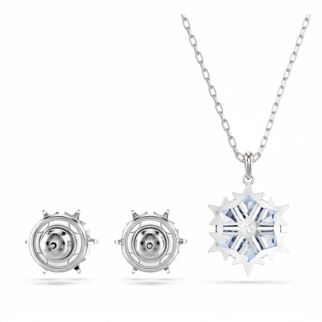 Swarovski Magic Set Snowflake jewelry piece in blue with rhodium plating, featuring intricate snowflake design and sparkling crystal accents.