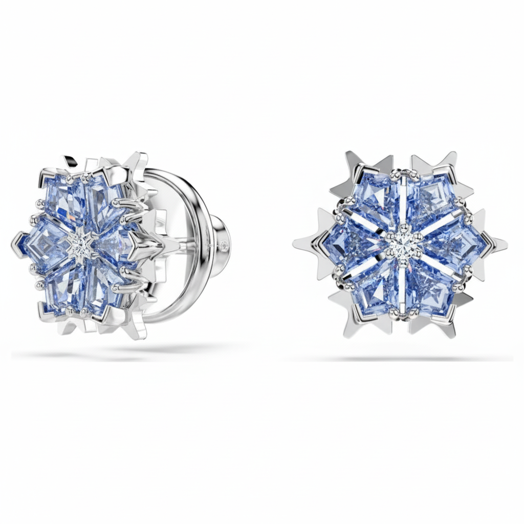 Blue Swarovski Magic Snowflake set with rhodium plating, featuring sparkling crystal accents and intricate snowflake designs.
