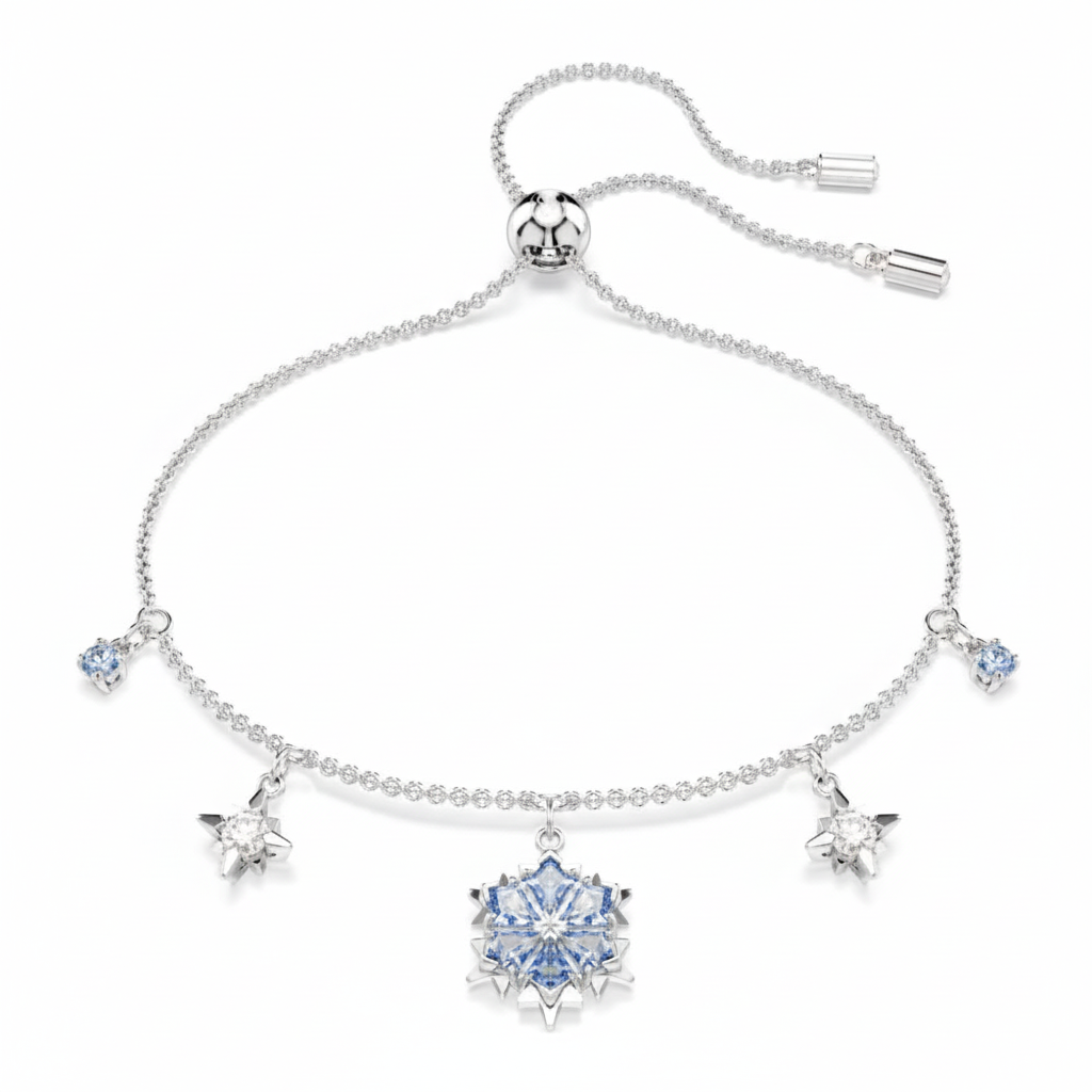 Swarovski Magic Bracelet Snowflake in blue with rhodium plating, featuring sparkling crystal snowflake charm on a delicate chain.