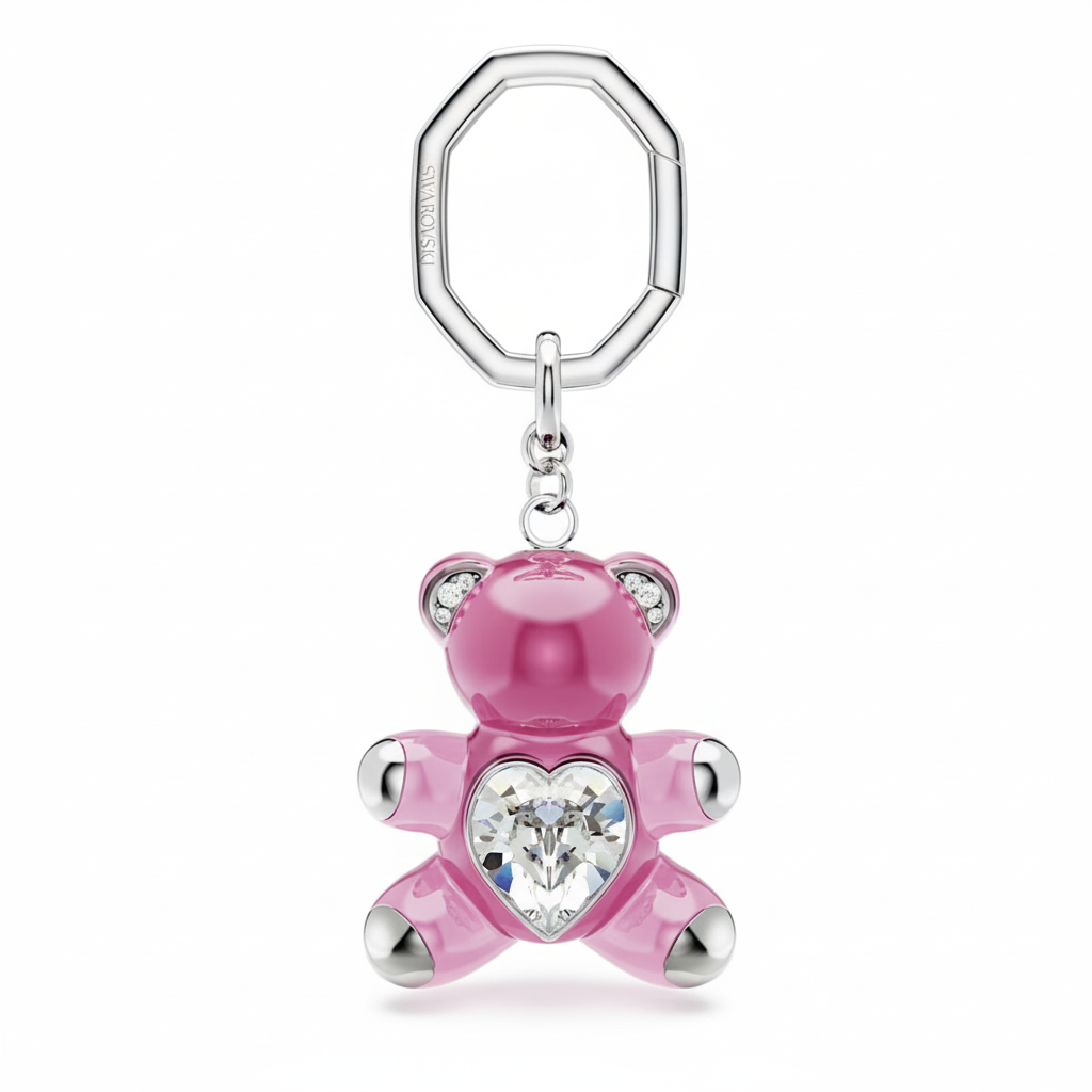 Pink Swarovski Teddy Bear key ring with rhodium plating, featuring detailed craftsmanship and a cute bear design.