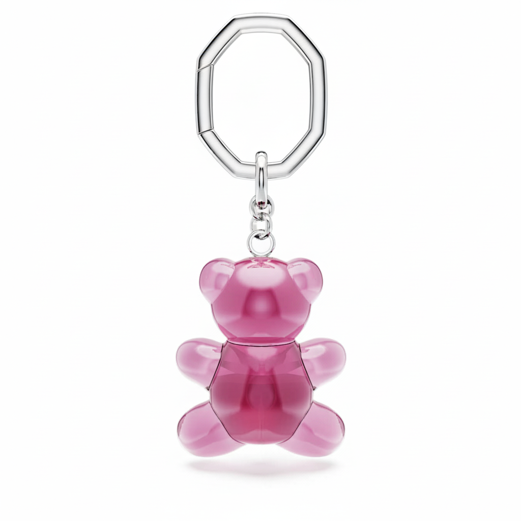 Pink Swarovski Teddy Bear key ring with rhodium plating, featuring a detailed, adorable bear design on a keychain.